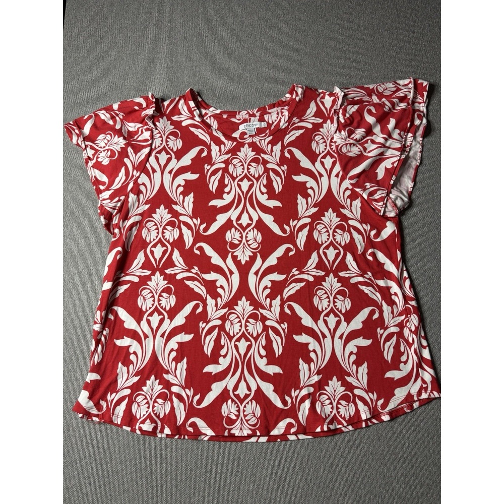 Chico's Women's Red And White Fleur De Lis Design Cap Sleeve Blouse Size 3.